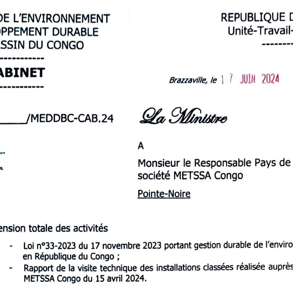 Suspension totale des activités de la société METSSA Congo